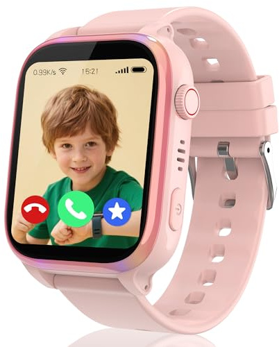 ELEJAFE 4G Montre Connectée Enfant, Montre GPS Enfant Téléphone avec Appel Vidéo SOS Réveil Appareil Caméra IP68 Mode Scolaire Jeux Chat,Smartwatch Cadeau pour Filles et Garçons (Rose-4G-GPS)