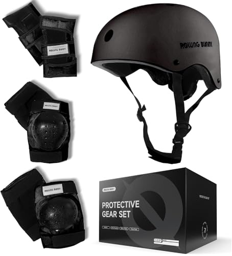 RollingBunny Skating Protective Gear Set for Adults & Youth - Helmet, Knee Pads, Elbow Pads & Wrist Guards for Inline Skating, Roller Skating & Skateboarding (Ages 14+) (Black)