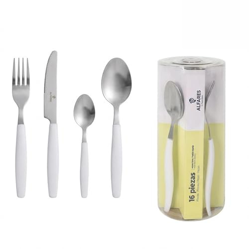 SANTA CLARA | Cubertería completa 16 piezas de acero inoxidable con mango blanco, juego de cubiertos con cuchillo, tenedor, cuchara y cucharilla de postre, servicio para 4 personas, modelo Niza