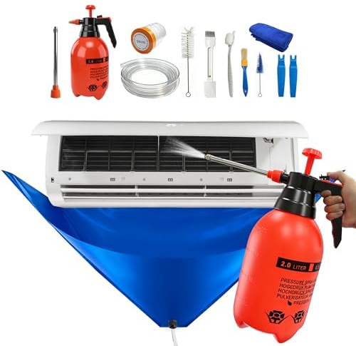13 st mini delad rengöringssats med 2 L högtrycksspruta, djuprengöring luftkonditionering, HVAC rengöringsverktyg med vattentäta PVC-rengöringskåpa och dräneringsslang, professionell AC rengöringssats