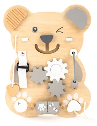 mamabrum Busy Board Montessori in Legno 10 in 1 Orso Pannello attività Sensoriale Gioco Educativo Motricità Fine Bambini da 18 Mesi
