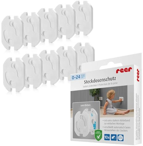 reer Protector de enchufe – el original a prueba de niños del inventor, para pegar, color blanco, 10 unidades