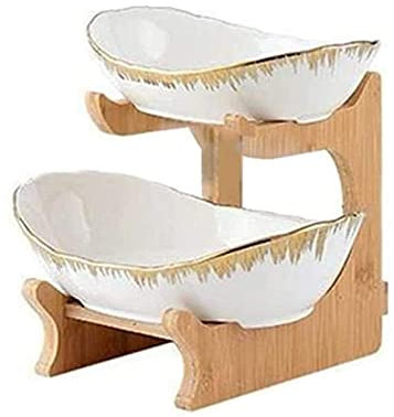 ZJYWMM Ceramic Fruit Basket Fruit Bowl 2 Story, Table Decoration Fruit Etagere Set (Shelf Made of Bamboo and Wood * 1, Ceramic Bowl * 2), for Cake Fruit Dessert Snacks Sushi Storage