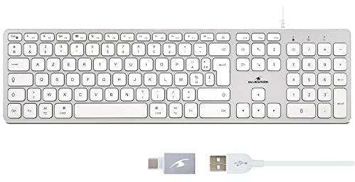 BLUE STORK Tastiera FRANCESE AZERTY cablata per Mac - Tastiera Mac cablata in Alluminio, tasti concavi e silenziosi, 13 Raccorsi multimediali, adattatore USB/USB-C