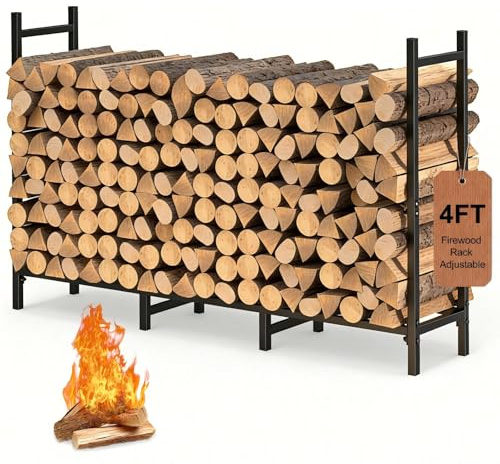 4FT Firewood Rack Indoor Outdoor, Heavy Duty Log Holder Stand for Fireplace, Adjustable Wood Storage Organizer with Weather-Resistant Tubular Steel, Cradle for Kindling & Stacking Logs