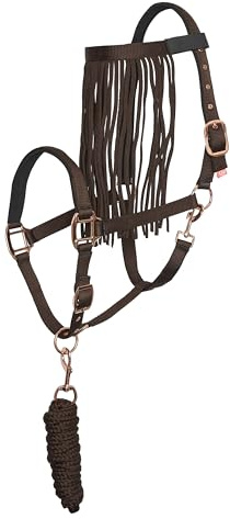 Imperial Riding Set di cavezza con maglia e frangia per mosche – Robusta cavezza in nylon con fibbia, chiusura in e gancio a scatto, confortevole e facile da pulire, noce, frangia
