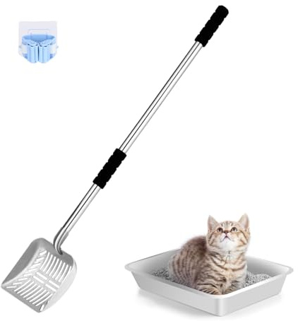 LYCC Cat Litter Spoon Metal Removable Stainless Steel Long Handle Cat Litter Screen Non-Stick Coated with Adjustable Handle and Soft Grip Heavy Duty Pet Cat Litter Shovel with 1 Pcs Hook
