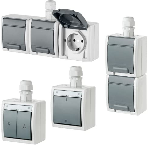asvendo elektro Aufputz-Serie/Steckdosen/Schalter/Taster/Jalousietaster/Klingeltaster/hellgrau / IP65 / wassergeschützt, feuchtraumgeeignet (2-poliger Lichtschalter/Wechselschalter)