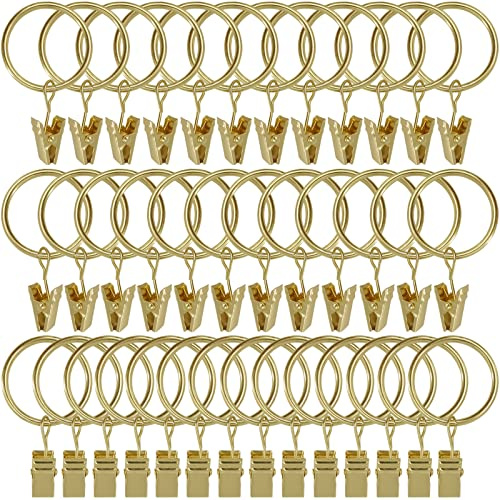WeeksEight 40 Pack Gold Curtain Rings with Clips, Curtain Hooks Hangers Clip Rings for Hanging Drapes Bows Hat, Drapery Rings 1.26 in I D, Fits up to 1 in Diameter Curtain Rod.