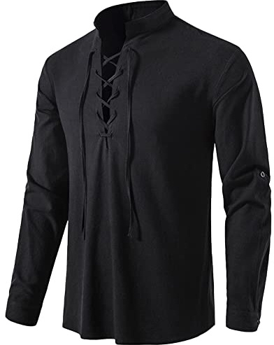 YAOHUOLE Chemise Lin Homme Manches Longues – Tunique Médiévale Noir 3XL
