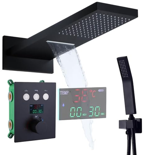 LNXGJJ Duscharmatur Schwarz, Duschsystem mit Thermostat, Duschsystem Unterputz Wandmontiert Duscharmatur Unterputz Digitaler Bildschirm Regendusche Set