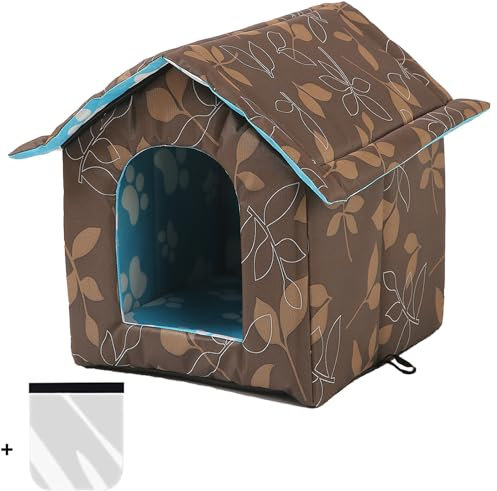 Outdoor cat house, cat cave for outdoor, cat house for outdoor, winterproof, waterproof, puppy house outdoors, with removable transparent curtain (M, brown)