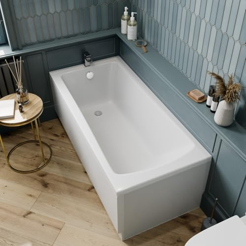 Baystone 1700 x 700mm Single Ended Bath White Gloss Soaking Bathttub, Acrylic Baths for Bathrooms, Straight Wide End, Adjustable Feet, Side & End Panels Included