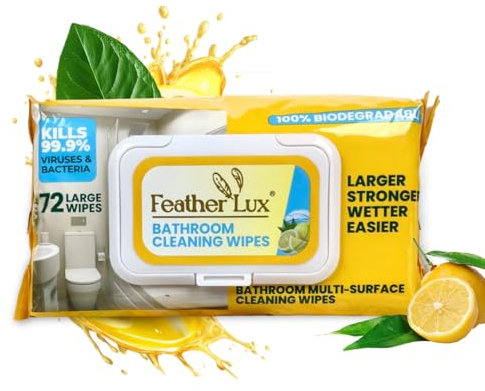 Feather Lux Bathroom Cleaning Wipes | 72 Large Wet Wipes Remove 99.9% of Germs | Antibacterial Wipe for Surface Cleaning, Ultra Strong Biodegradable Toilet Cleaner for Bathrooms