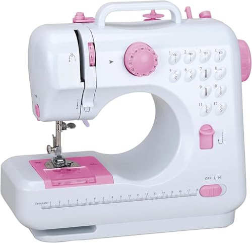 Outbit Mini macchina da cucire per principianti, 12 punti, doppia bobina, multifunzionale, per bambini, funziona a corrente e a batteria, con luce LED (Rosa)