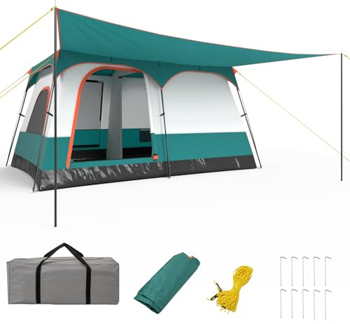 FANTASK Tenda grande con tenda e pavimento, tenda da campeggio per 4-6 persone, 2 stanze e 2 ingressi, tenda a tunnel con tetto rimovibile e borsa per il trasporto, verde