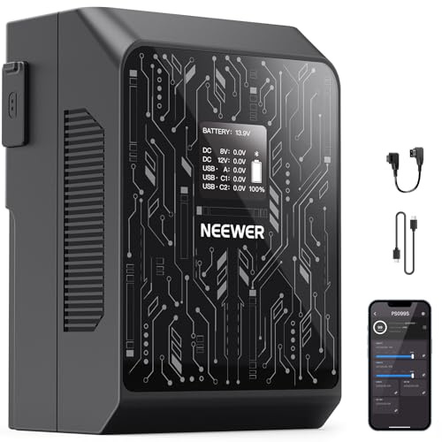 NEEWER Inteligente Mini Batería V Mount NEEWER App Control, 6800mAh, 99Wh, 14,5V, 100W PD Carga Rápida, OLED, Dual USB C/D Tap/BP/USB A/DC Dual Puertos, Compatible con BMPCC 4k 6k Videocámara, PS099S