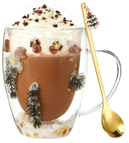 Tasses de Noël en verre, 350 ml Verres de Noël avec cuillère Verres à double paroi pour Noël, tasse à latte Noël Cadeaux pour femmes Verre de Noël Tasses de Noël Cadeaux de Noël（Ren）