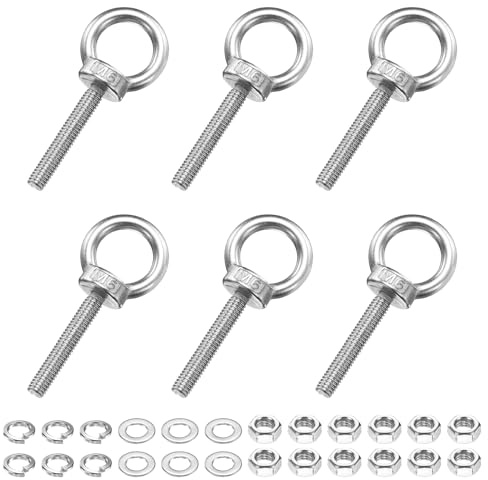 PATIKIL M6 x 35mm Eye Bolt, 6 Pcs 304 Stainless Steel Thread Lifting Ring Set Shoulder Eyebolt with Lock Nuts Flat Washers for Hanging Hammocks Articles, Silver