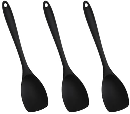 WOKICOR 3 fat silikon 27,5 cm värmebeständig upp till 210 °C silikonspatel stekspade degskrapa serveringssked för non-stick-stekpanna, stekning eller blandning, svart, lämplig för diskho