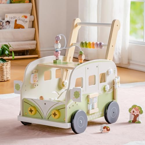 ROBOTIME Gåvagn trä med aktivitetscentrer, gröna djungeldjur | Höjdjusterbar baby gåstol med justerbart rullmotstånd, lagringsutrymme och interaktivt lekcenter från 10 månader