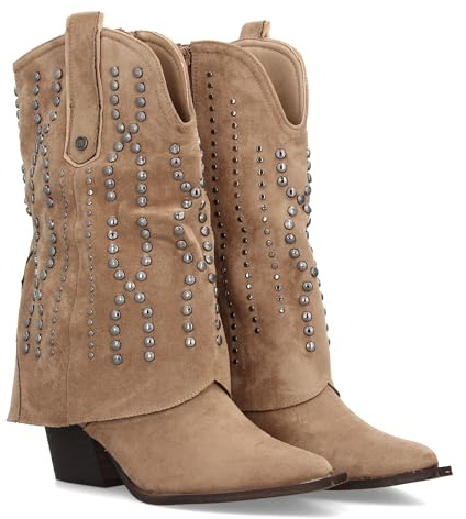 97671 Botin Cowboy para Mujer con Diseno campero. Tachuelas metalicas, Punta Fina y Tacon. Ideal para la Temporada Otono Invierno. Beige Talla 40