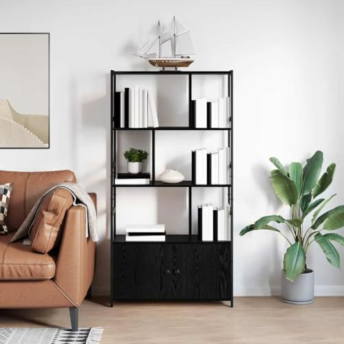 QZZCED Scaffale industriale in rovere nero 80 x 30 x 155,5 cm con ripiani a gradini e gambe regolabili, struttura robusta in legno e acciaio per stoccaggio multilivello