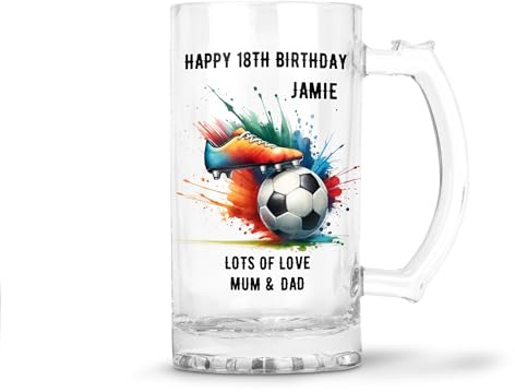 Personalised Clear Glass Beer Tankard Mug 0.8 Pint with Football Boot Design for Best Coach 18th 21st 30th 40th 50th 60th 70th Birthday, Father's Day (Print with Handle on Right, No Gift Box)