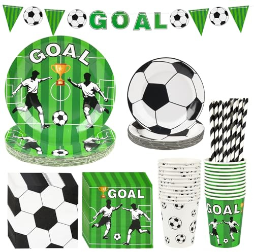 YQL 122 PCS Football Party Tableware Set for 24 Guests, Disposable Football Birthday Decorations, Paper Plates (9” & 7”) /Napkins/Cups/Straws/Banner, Party Supplies for Sports Theme Birthday World Cup