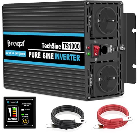 novopal 1000W Wechselrichter Reiner Sinus mit 12v auf 230v Spannungswandler 2 EU Steckdose und QC18W+PD 30W-inkl. 5 Meter Fernsteuerung - Spitzenleistung 2000 Watt