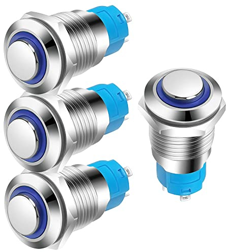 Gebildet 4pcs 12mm 3A 12-24V DC Waterproof Push Button with LED Indicator Light Momentary Stainless Steel Push Button On-Off(High Head)
