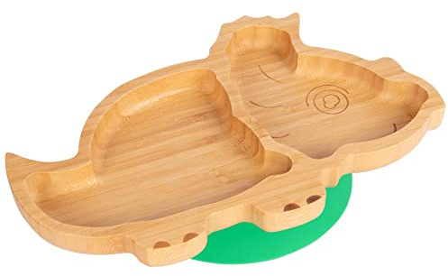 Tiny Dining Baby Plate with Suction Cup - Dinosaur - Green - Divided Non-Slip Bamboo Self-Feeding Baby Weaning Plate for Babies, Toddlers, Children