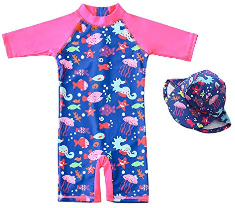 7-Mi Bañador para niña de una pieza, protección UV 50+, traje de baño con cremallera y sombrero para el sol., peces, 3-4 Años