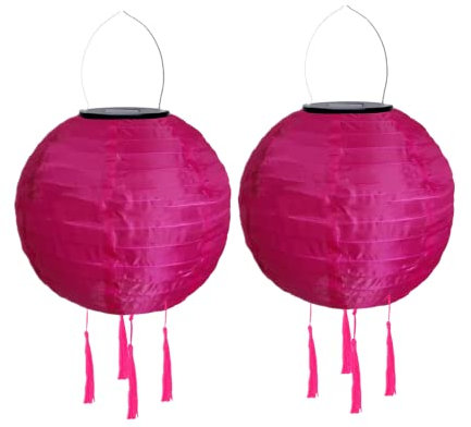 Lot de 2 lampions solaires d'extérieur résistants aux intempéries - Lanternes solaires à LED - Étanche - Avec pompon - Lampes solaires à suspendre - En papier - 20 cm - Rose