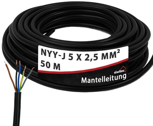 siwitec NYY-Kabel, NYY-J 5x2,5 mm², 50 m, Erdkabel, Installationskabel, Erdleitung, Kabelring - Made in Germany