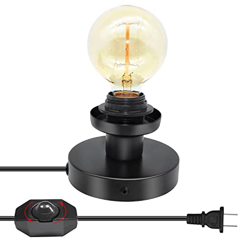 Industrial Small Table Lamp, Black Polished Metal Desktop Light Base, 4.7 IN E26 E27 Screw Bulb Holder, Edison Desk Light Stand With 7.2 FT Cord Dimmer Switch, for Desk, Wall