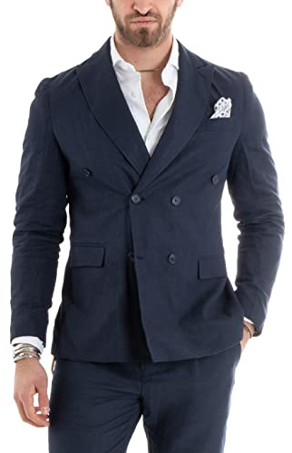 Giosal Giacca Uomo Lino Doppiopetto Tinta Unita Sartoriale Classica Casual Taschino a Pochette (48, Blu)