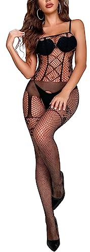 Tuopuda Intimo Donna Lingerie Body Pizzo Biancheria Intima, Fishnet Bodystocking Hot Tuta Babydoll Trasparente, Camicia da Notte Elasticizzato Completi Intimi Sleepwear, Nero 6