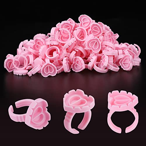 Pretty memory 150 Pcs Glue Rings for Eyelash Extensions, Lovely Heart-Shaped Lash Rings Blooming Eyelash Glue Holder Volume Fanning Cup Lash Extension Supplies, Pink