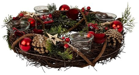 Lifestyle & More Corona dell'Avvento natalizia in diversi materiali rotondi con decorazione rosso/verde/marrone per lumini diametro 34 cm