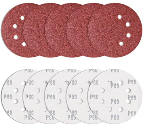 Bolatus 10 pièces Papier de Verre 125 mm Grain 60, disques abrasifs Ronds Ponceuse Excentrique Feuilles abrasives 8 Trous pour ébavurer et poncer Les Points de Soudure