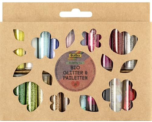 folia 5781 - Bio Glitter & Pailletten Set RAINBOW L, 20 Tuben, organischer Glitzer und Pailletten in verschiedenen Formen und Farben, zum Verzieren und Dekorieren