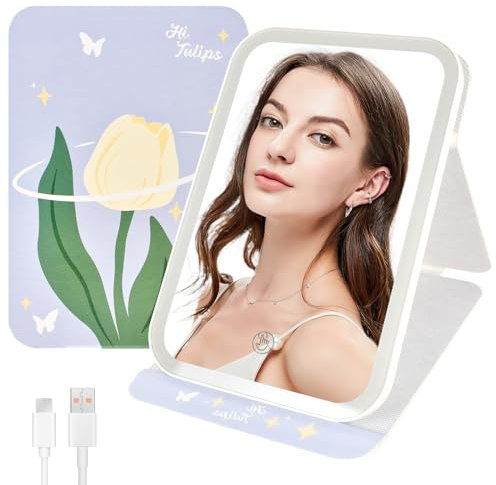 Specchio da Viaggio per Trucco con LED, Ricaricabile Specchio per Trucco Illuminato, Illuminazione a 3 Colori, Touch Screen Dimmerabile, Specchio Cosmetico Pieghevole da Tavolo (Tulipano)