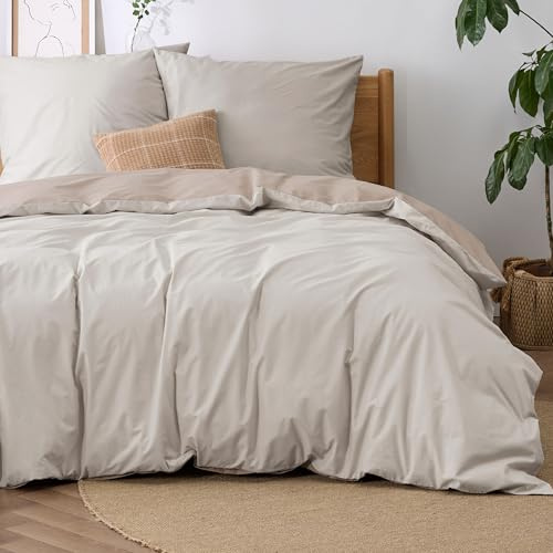 BEDSURE Juego de ropa de cama 220x240 Algodón Beige - Juego de fundas de edredón 220 x 240 cm, reversible de 3 piezas con 2 fundas de almohada 80x80 cm, Oeko-TEX Funda de edredón bicolor con