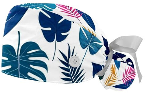 FQURFHY 2 Packed，Palm leaves jungle colorful，Scrub cap women，Ponytail scrub cap,Nurse scrub cap,for hospital