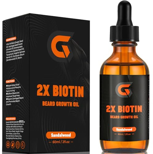 2X Biotin Beard Growth Oil for Men - Natural Organic Leave-in Conditioner & Softener - Mustache & Facial Hair Thickener, Moisturizer & Strengthener - Anti Itch & Dandruff Serum, 2 fl.Oz (Sanda)