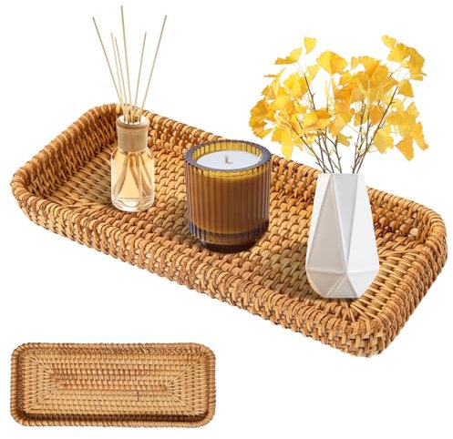 PRITOK Cesto portaoggetti rettangolare in rattan intrecciato: 27,5 x 11 x 4 cm, vassoio decorativo per asciugamani, cestino decorativo per il bagno, decorativo