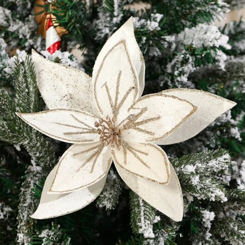 GL-Turelifes Lot de 6 grandes fleurs de poinsettia artificielles à paillettes en velours pour décoration de Noël, Nouvel An, mariage (blanc crème)