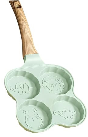 Buachois Omelette Pan, 4 Hole Nonstick Frying Egg Pan Waffle Baking Pan Versatile Breakfast Skillet Pancakes Pan with Wood Handle for Gas Stove Induction Cooktop Green