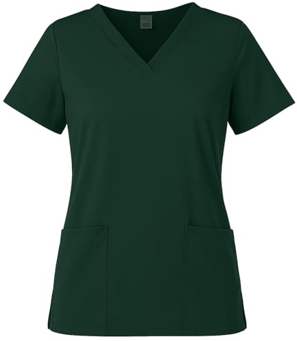 Meichoon V-Neck Scrubs Top for Women Sleeve Slim Fit with 2 Pockets Soft and Stretchy Quick Dry Nurse's Uniform DK56Dark Green L